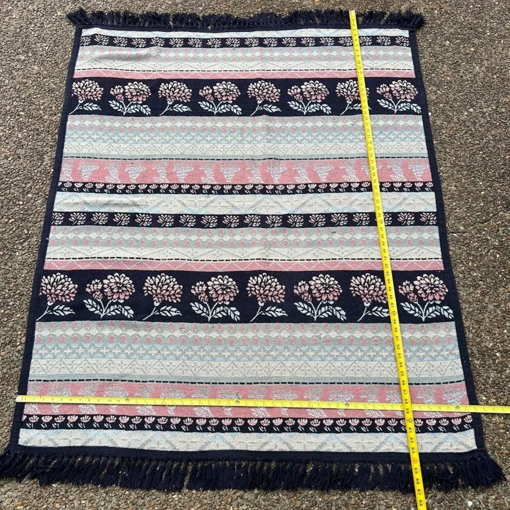 Vintage Floral Woven Tapestry Throw Blanket Navy Pink Boho Fringe Knit
